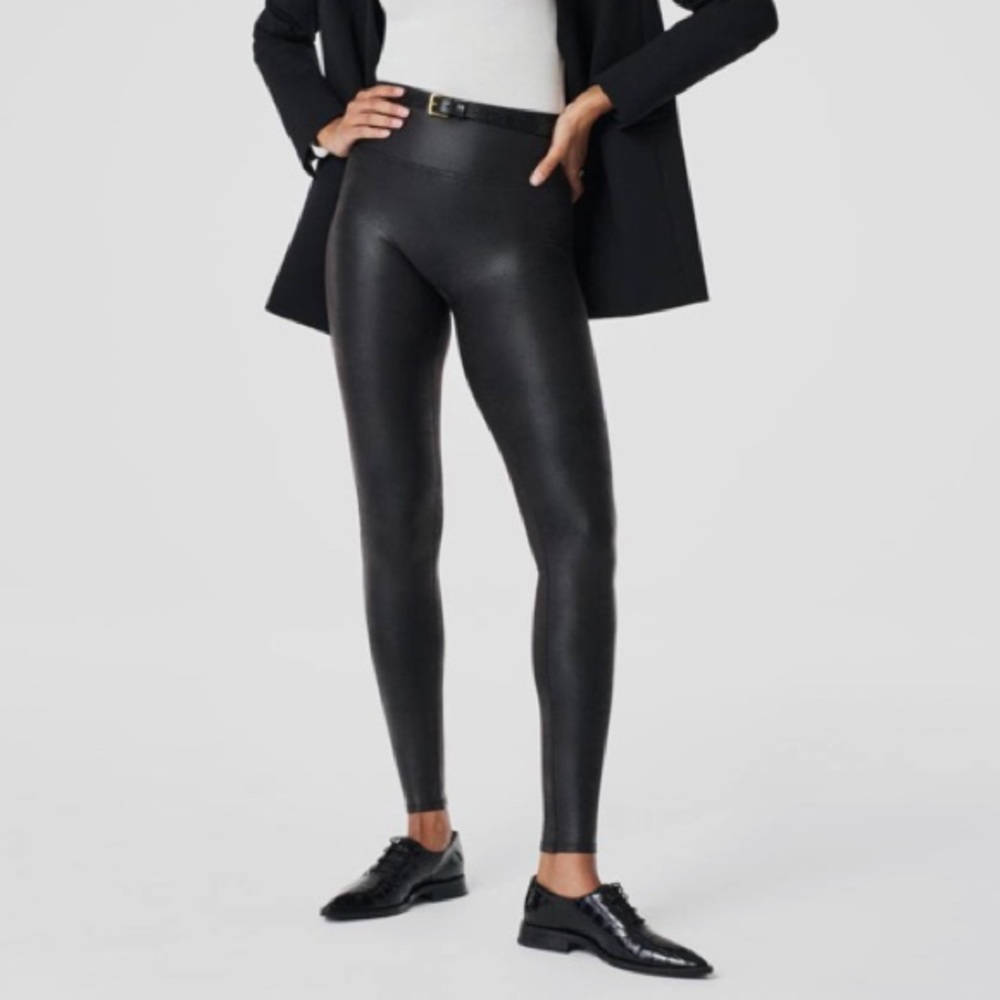 Spanx‎ Faux Leather Leggings Medium Petite Metallic Black